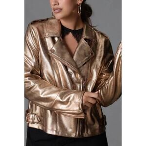 NWT $168 ANTHROPOLOGIE Metallic Bronze Moto Biker Jacket Polyester Sz XXS